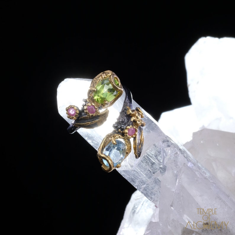 Rhodolite Garnet Ring Blue Topaz free size Free DHL Express Shipping* 7209gr1 Abundance /& Spiritual Insight Peridot