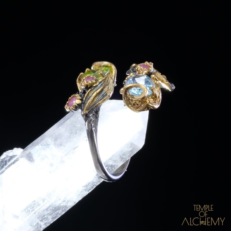 Rhodolite Garnet Ring Blue Topaz free size Free DHL Express Shipping* 7209gr1 Abundance /& Spiritual Insight Peridot