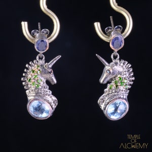 Unicorn oorbellen * Amethist + Blue Topaz, Chrome diopsiet + zwarte Spinel * gratis DHL Express verzending * 90108ger1