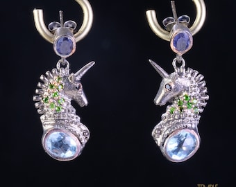 Unicorn Earrings * Amethyst + Blue Topaz + Chrome Diopside + Black Spinel * Free DHL Express Shipping * 90108ger1