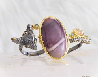 Fuchs Totem Ringgröße 8,5 * Mookaite Jaspis, blauer Saphir + gelb Opal + Smaragd * kostenlose DHL EXPress Versand * 7827gr2