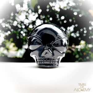 以下が含まれることがあります： 黒曜石の頭蓋骨で、目と歯が細かく彫刻されています。頭蓋骨は磨かれており、光沢のある仕上がりになっています。