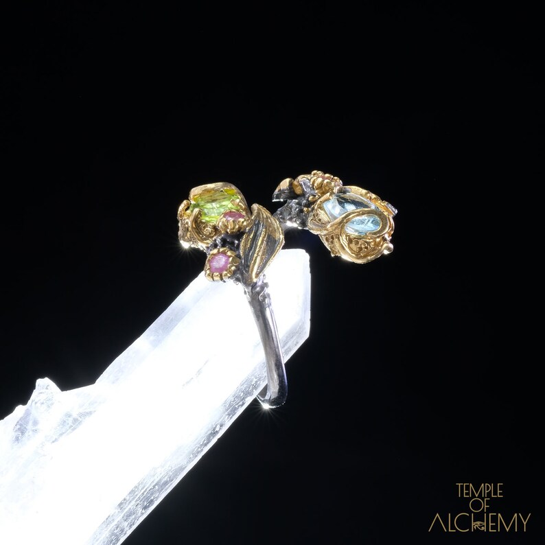 Rhodolite Garnet Ring Blue Topaz free size Free DHL Express Shipping* 7209gr1 Abundance /& Spiritual Insight Peridot