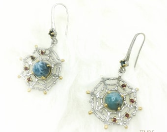 Spider Web Earrings *Larimar + Blue Sapphire + Garnet * Free DHL Express Shipping