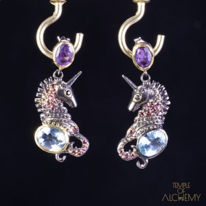 Unicorn oorbellen * Amethist + Blue Topaz + Rhodolite Garnet + zwarte Spinel * gratis DHL Express verzending * 81026ger1