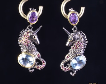 Unicorn Earrings * Amethyst + Blue Topaz + Rhodolite Garnet + Black Spinel * Free DHL Express Shipping * 81026ger1