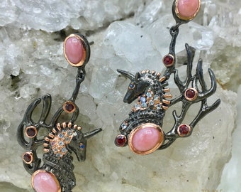 Unicorn Earrings * Pink Opal +  Garnet + Blue Topaz + Blue Sapphire * Free DHL Express Shipping * 80821ger2