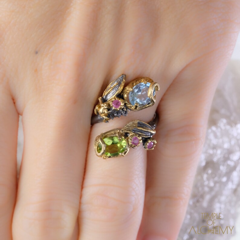 Rhodolite Garnet Ring Blue Topaz free size Free DHL Express Shipping* 7209gr1 Abundance /& Spiritual Insight Peridot