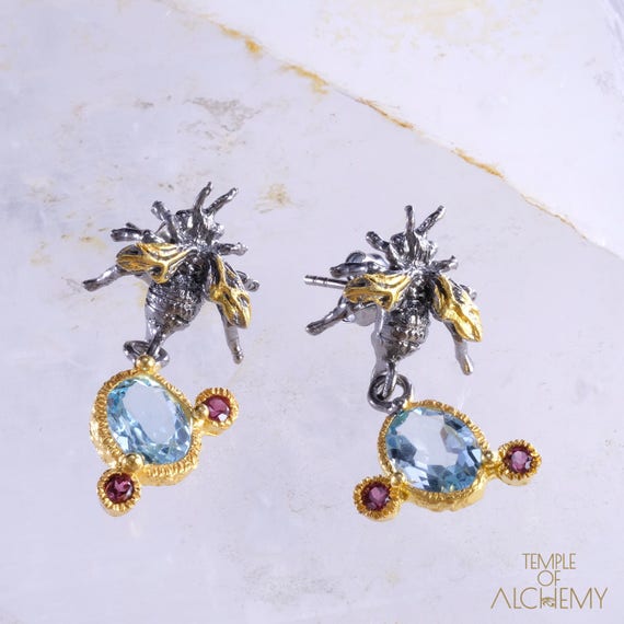 Bee Earrings * Blue Topaz + Rhodolite Garnet *  Free DHL Express Shipping * 71019ger1