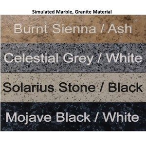 May include: Four samples of simulated marble and granite material. The samples are labeled "Burnt Sienna / Ash", "Celestial Grey / White", "Solarius Stone / Black", and "Mojave Black / White".