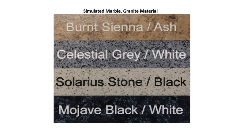 May include: Four samples of simulated marble and granite material. The samples are labeled "Burnt Sienna / Ash", "Celestial Grey / White", "Solarius Stone / Black", and "Mojave Black / White".