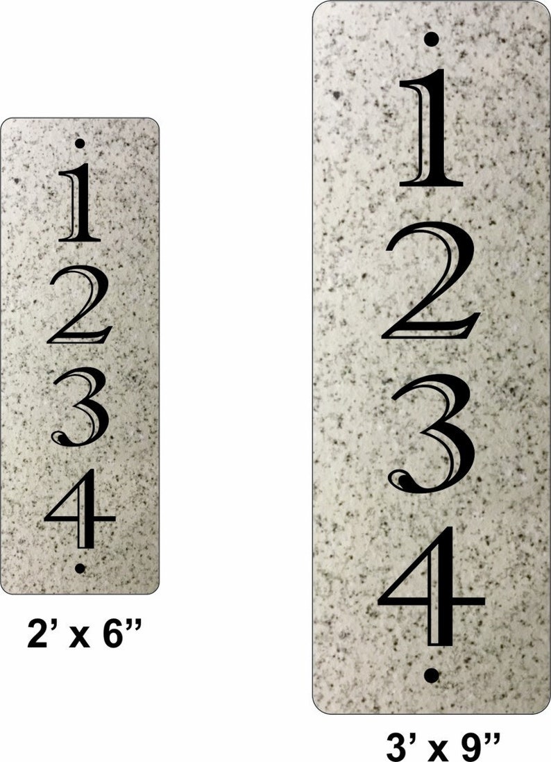 May include: Two vertical house number signs with black numbers 1, 2, 3, and 4 on a white background with a speckled texture. The smaller sign is 2 inches by 6 inches and the larger sign is 3 inches by 9 inches.