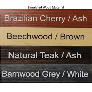 May include: Four wood grain samples with simulated wood textures. The samples are labeled "Brazilian Cherry / Ash", "Beechwood / Brown", "Natural Teak / Ash", and "Barnwood Grey / White".