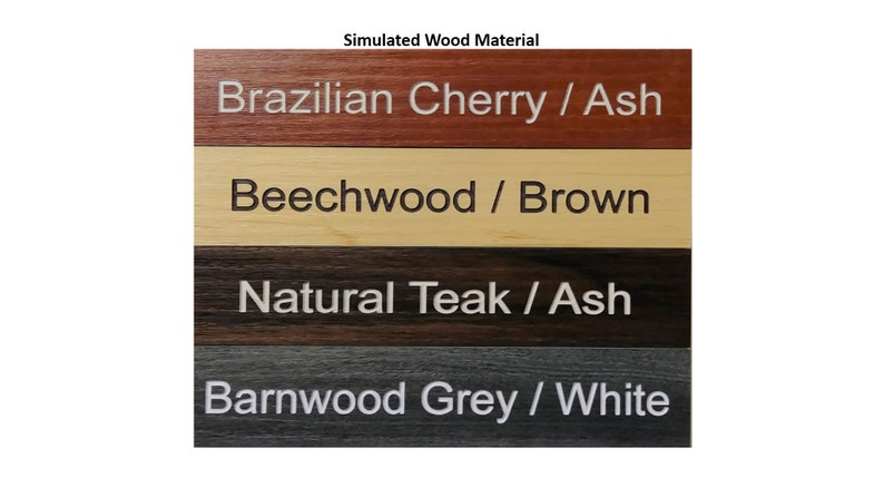 May include: Four wood grain samples with simulated wood textures. The samples are labeled "Brazilian Cherry / Ash", "Beechwood / Brown", "Natural Teak / Ash", and "Barnwood Grey / White".