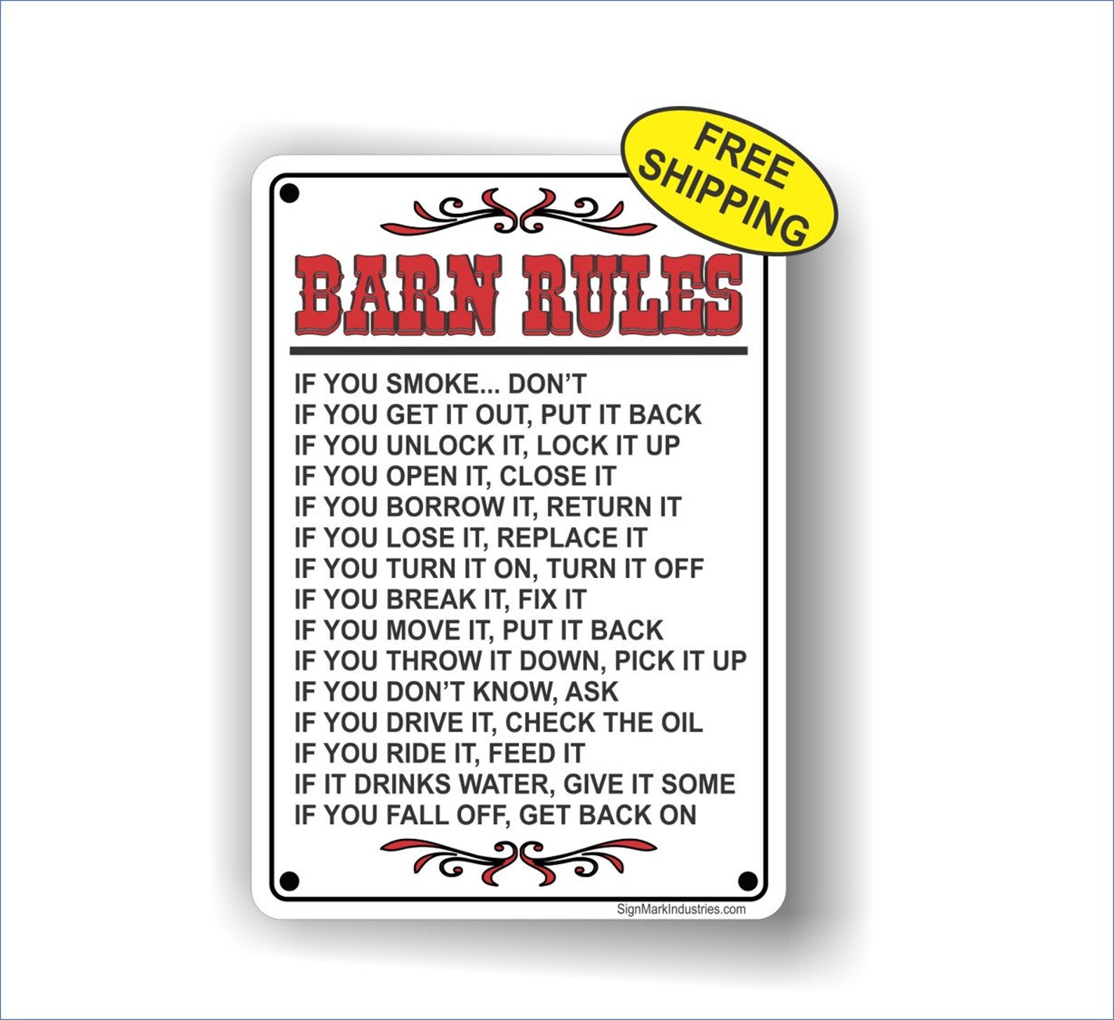 Barn Rules Aluminum Barn Sign FREE SHIPPING Etsy
