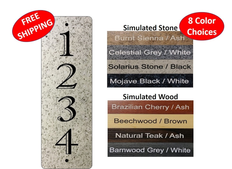 May include: Vertical house number plaque with the numbers 1, 2, 3, and 4 in black on a white background with a speckled texture. The plaque is available in 8 color choices: Burnt Sienna / Ash, Celestial Grey / White, Solarius Stone / Black, Mojave Black / White, Brazilian Cherry / Ash, Beechwood / Brown, Natural Teak / Ash, and Barnwood Grey / White.