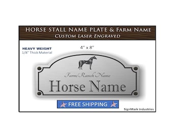 Placa identificativa para establo de caballos de alta resistencia, 3 mm de grosor, 10 x 20 cm (4" x 8") - Nombre del caballo y nombre de la granja - ENVÍO GRATIS