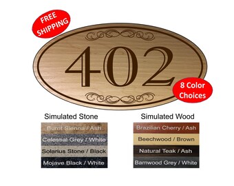 Signo de número de la casa ovalada decorativa, signo de granito de mármol, letrero de madera, signo de dirección HORIZONTAL
