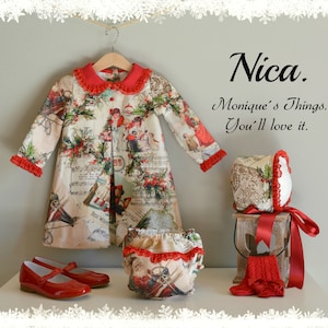 NICA. NB Months to 10 Years.Baby.Toddler.Girl limited edition CHRISTMAS Dress.Retro.Vintage.X-mas.Vintage xmas fabric.Bonnet.Bloomer.