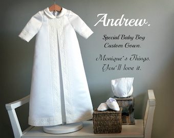 Luxury chistening GOWN ANDREW Baby Deluxe satin fabric & lace  Naming day Baptism Christening Dedication Blessing Easter Wedding