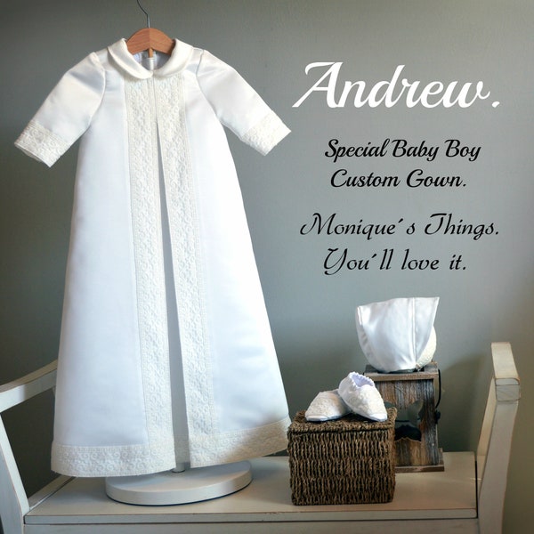 Luxury chistening GOWN ANDREW Baby Deluxe satin fabric & lace  Naming day Baptism Christening Dedication Blessing Easter Wedding