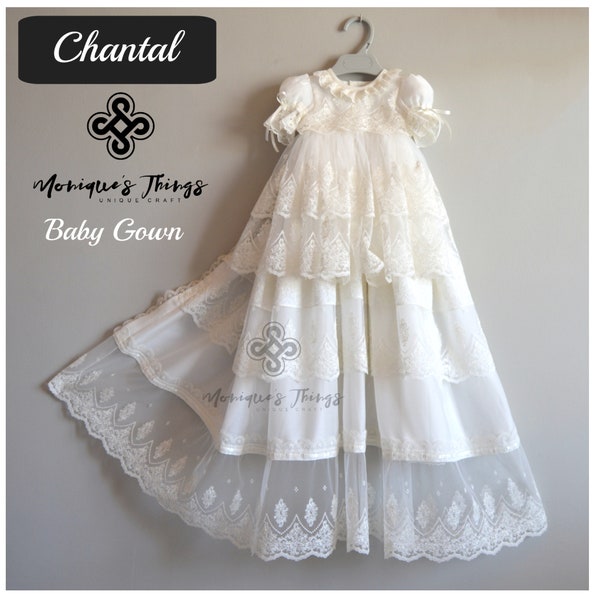 CHANTAL Chiffon christening gown unisex deluxe 35 inches long natural CREPE silk  baptism girl boy wear blessing gown naming day gown