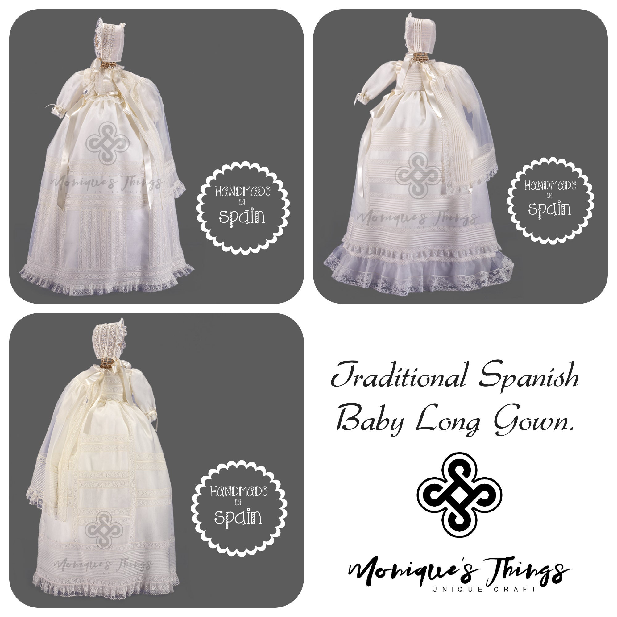 Traditional spanish baby baptism long gown,handmade christening heirloom, natural silk organza,light ivory,long sleeved, include bonnet cape
