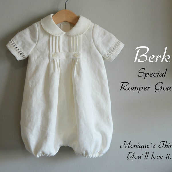 Luxury Romper Gown Model BERK. Baby Nb to 2 Years. Linen. Custom your OWN outfit. Wedding Baptism Christening Dedication Blessing Naming