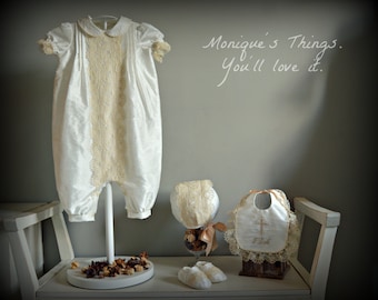 FRANCIS. christening romper.exclusive luxury for baptism boy romper, raw silk,english bobbin lace,NB up to 2t,baptism clothing,baptism wear