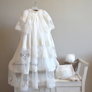 BEATRIZ Chiffon christening gown unisex deluxe 35 inches long natural CREPE silk  baptism girl boy wear blessing gown naming day gown