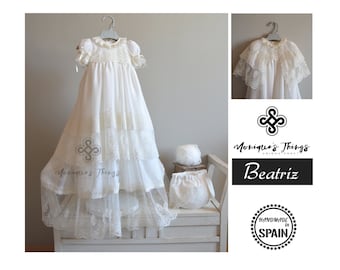 BEATRIZ Chiffon christening gown unisex deluxe 35 inches long natural CREPE silk  baptism girl boy wear blessing gown naming day gown