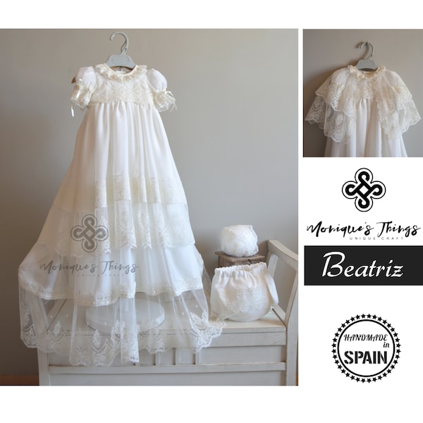 BEATRIZ Chiffon christening gown unisex deluxe 35 inches long natural CREPE silk  baptism girl boy wear blessing gown naming day gown