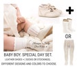 Shoes set Baby boy. Baby leather shoes with matching high socks or stockings. Handmade shoes. Cotton Perlé thread. Ceremony. Special day. product logo