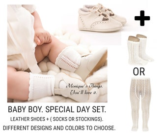Shoes set Baby boy. Baby leather shoes with matching high socks or stockings. Handmade shoes. Cotton Perlé thread. Ceremony. Special day.