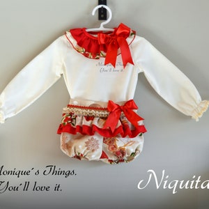 NIQUITA. 0 Months to 6 Years.Baby.Toddler.Girl CHRISTMAS Outfit .Retro.Vintage.X-mas.Thaksgiving day outfit.Spanish clothes. Blouse-Bloomer.