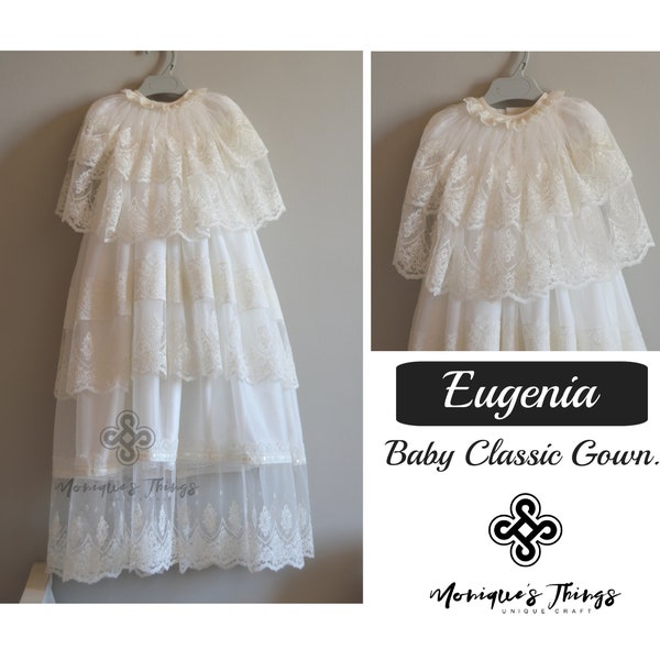 EUGENIA Chiffon christening gown unisex deluxe 35 inches long natural CREPE silk  baptism girl boy wear blessing gown naming day gown