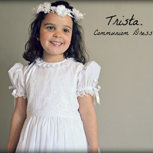 TRISTA. Girl COMMUNION dress. Imperial batiste and bobbin lace with Religious Icons. Handmade to measures. Create your OWN communion outfit.