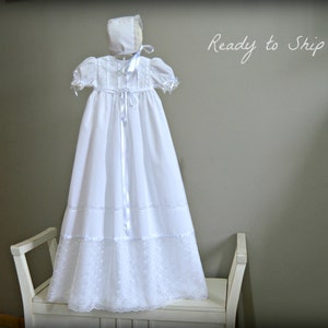 Ready to Ship. Baby Christening Gown & Bonnet. Baptism. Special day or celebration.Extralong gown.Traditional spanish.White Imperial batiste