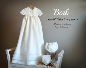 BERK Unisex ecofriendly linen Christening Long GOWN Baptism baby boy girl real custom handmade Blessing white ivory heirloom naming eco wear