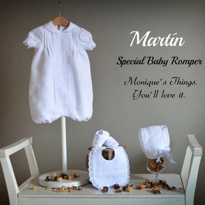MARTÍN.(Nb to 2T).CHRISTENING Baby ROMPER/Bubble.Baptism eco linen.Naming Ceremony.Christening.Dedication.Blessing,heirloom,organic linen