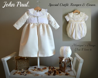 Luxury Romper JOHN PAUL Baby boy. Deluxe satin fabric. spanish gown. Naming day Baptism Christening Dedication Blessing Easter