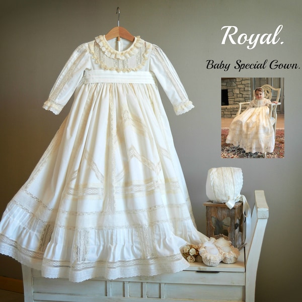 ROYAL Classic Spanish Baby Luxury Gown,Custom heirloom, HANDMADE gown. Naming Ceremony, Baptism Christening, Dedication day, Blessing Easter