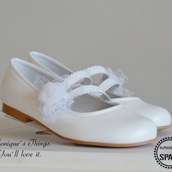 Cérémonie de première COMMUNION FILLE Chaussures Mary Jane, 100% cuir, Fermeture à sangle spéciale en T, Fabriqué à la main en Espagne, Classique Mary Jane élégante Qualité supérieure