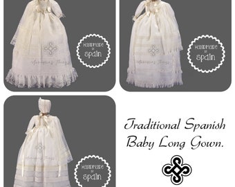 Traditional spanish baby baptism long gown,handmade christening heirloom, natural silk organza,light ivory,long sleeved, include bonnet cape