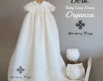 BERK Unisex Organza & Swiss batiste Christening Long GOWN Baptism baby boy girl real custom handmade Blessing white ivory heirloom naming