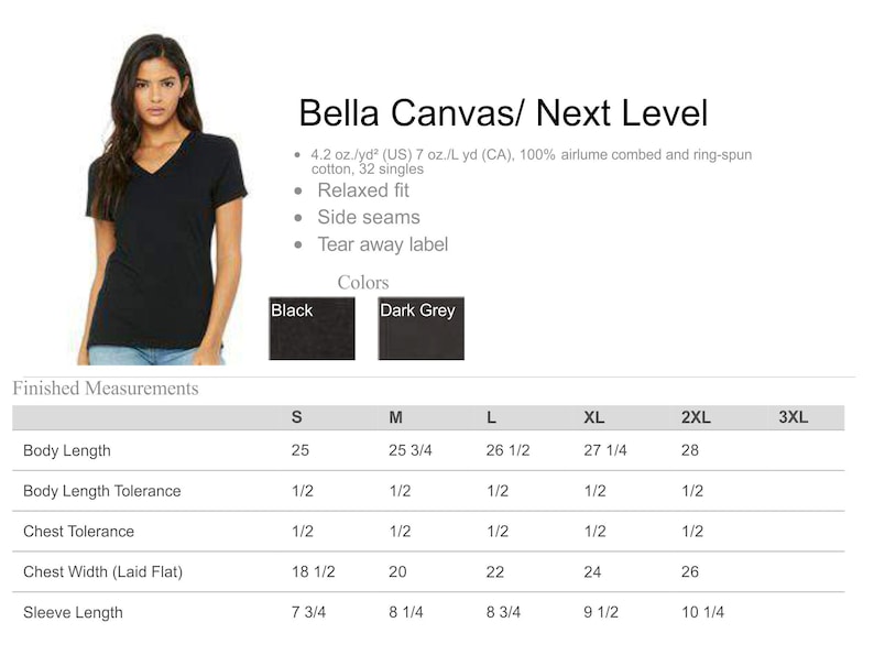 May include: A black V-neck t-shirt from Bella Canvas/Next Level. The image shows the shirt's relaxed fit, side seams, and tear-away label. Available in black and dark grey. Measurements are provided for sizes S to 3XL, including body length, chest width, and sleeve length.