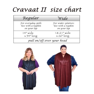 May include: Image shows a size chart for the Cravaat II, with Regular and Wide sizes. The Regular size is 14" wide x 34" long, and the Wide size is 18-21" wide x 26" long. The chart also includes instructions on how to use the product.