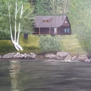 Custom Oil Painting from Photo - Realistic Log Cabin Artwork - Hand-Painted Landscape Painting - Birch Tree Art - Inspired by Bob Ross