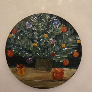 Christmas ornament art-Tiny Christmas tree on wood Painting-Holiday gift- Tiny Acrylic Painting