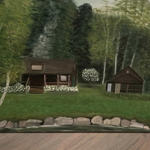 custom oil painting from photo - realistic custom oil painting - log cabin painting - Birch tree painting - Inspired by Bob Ross